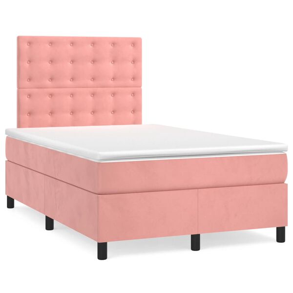 vidaXL Cama box spring c/ colch&atilde;o luzes e LED 120x190 cm veludo rosa