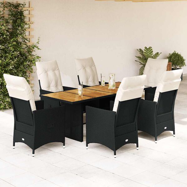 vidaXL 7 pcs conjunto de jantar p/ jardim c/ almofad&otilde;es vime PE preto