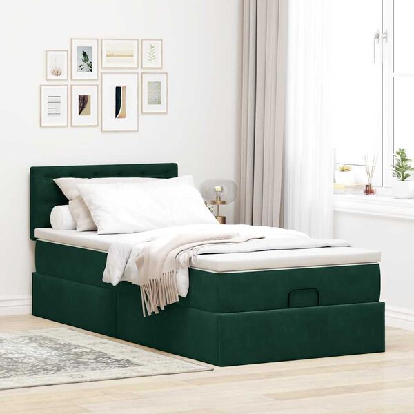 vidaXL Estrutura de cama otomana com colch&atilde;o verde escuro veludo