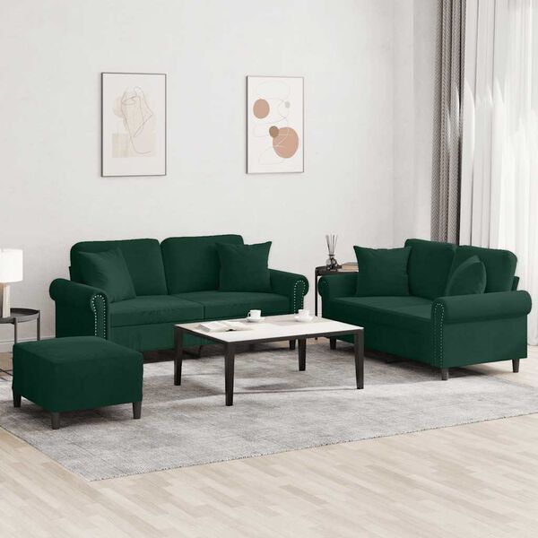 vidaXL 3 pcs conjunto de sof&aacute;s com almofadas veludo verde-escuro