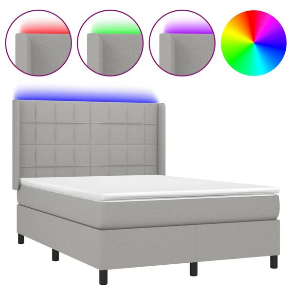 vidaXL Cama box spring c/ colch&atilde;o e LED 140x200 cm tecido cinza-claro