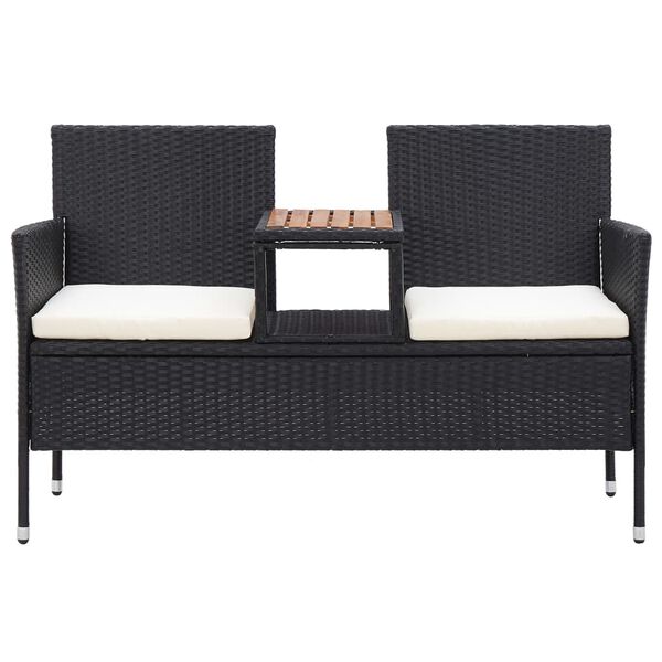 vidaXL Banco de jardim 2 lugares com mesa centro 143 cm vime PE preto