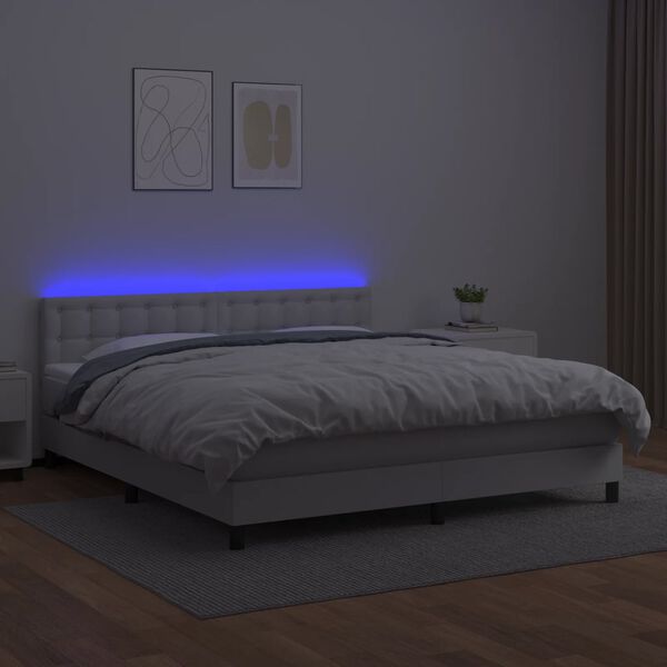 vidaXL Cama box spring c/colch&atilde;o/LED 160x200cm couro artificial branco