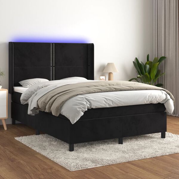 vidaXL Cama box spring c/ colch&atilde;o/LED 140x190 cm veludo preto