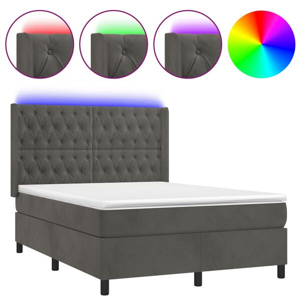 vidaXL Cama box spring c/ colch&atilde;o/LED 140x190cm veludo cinzento-escuro