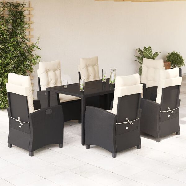 vidaXL 7 pcs conjunto de jantar p/ jardim c/ almofad&otilde;es vime PE preto