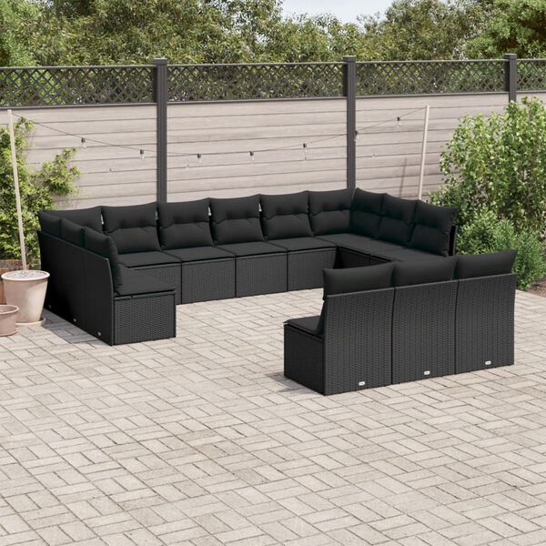 vidaXL 13 pcs conjunto de sof&aacute;s de jardim com almofad&otilde;es vime PE preto