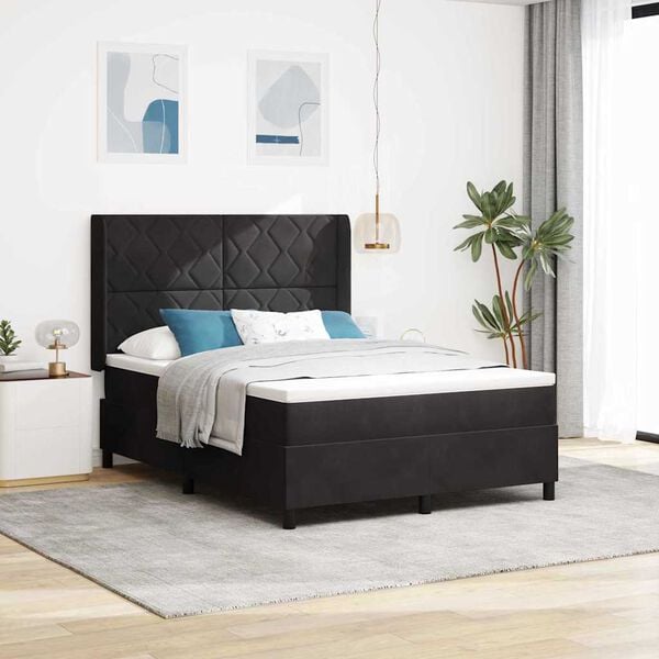 vidaXL Cama Box Spring com LED e Colch&atilde;o Preto 140 x 200 cm Veludo