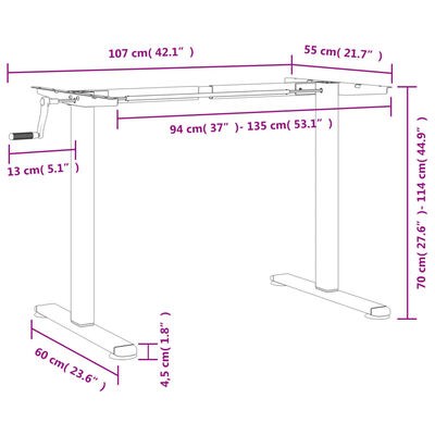 vidaXL Estrutura de secretária de pé (94-135)x60x(70-114)cm aço branco