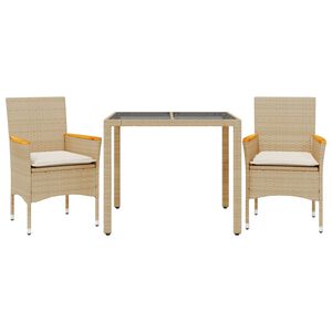 vidaXL 3 pcs conjunto jantar jardim com almofad&otilde;es vime PE/vidro bege