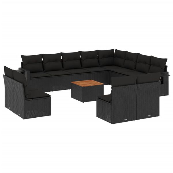 vidaXL 13 pcs conjunto de sof&aacute;s de jardim com almofad&otilde;es vime PE preto