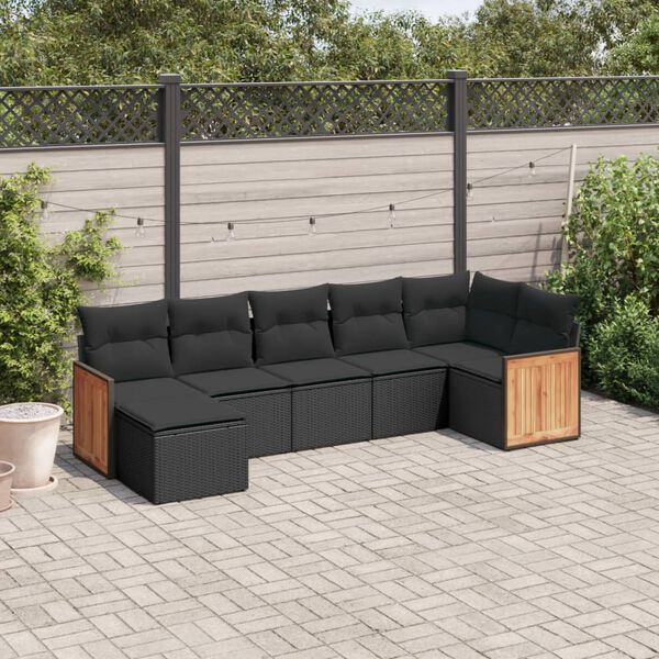vidaXL 7 pcs conjunto de sof&aacute;s p/ jardim c/ almofad&otilde;es vime PE preto