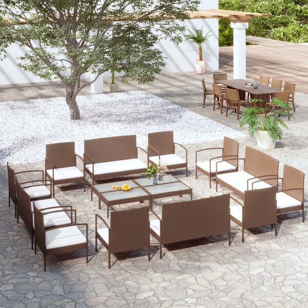 vidaXL 16 pcs conjunto lounge jardim c/ almofad&otilde;es vime PE castanho