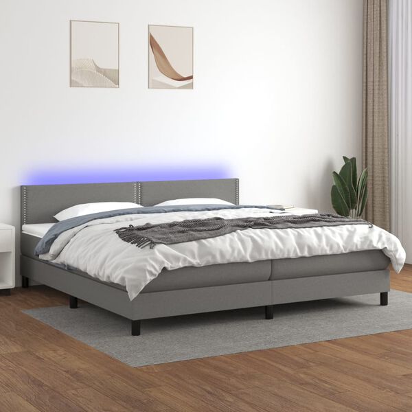 vidaXL Cama box spring c/ colch&atilde;o e LED 200x200 cm tecido cinza-escuro