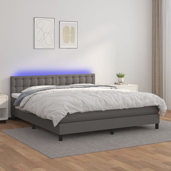 vidaXL Cama box spring c/ colch&atilde;o/LED 160x200cm couro artificial cinza