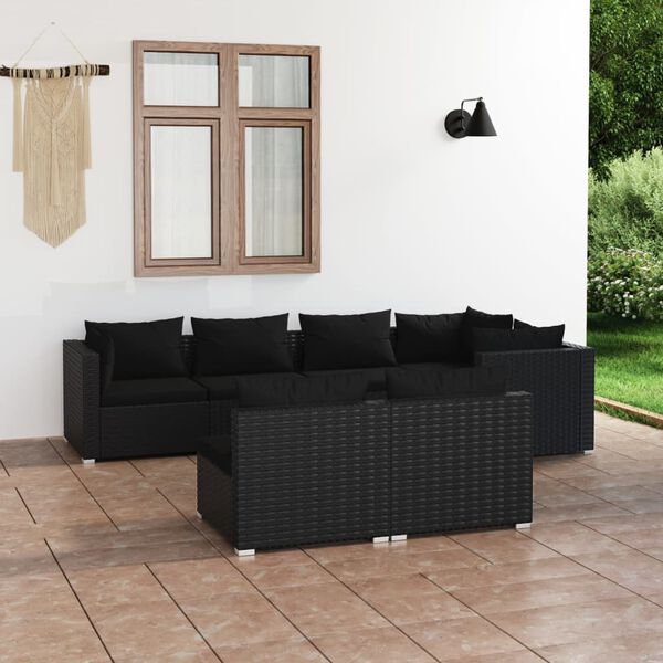 vidaXL 7 pcs conjunto lounge de jardim c/ almofad&otilde;es vime PE preto