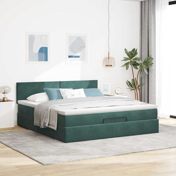 vidaXL Estrutura de cama otomana com colch&atilde;o 180x200 cm verde escuro