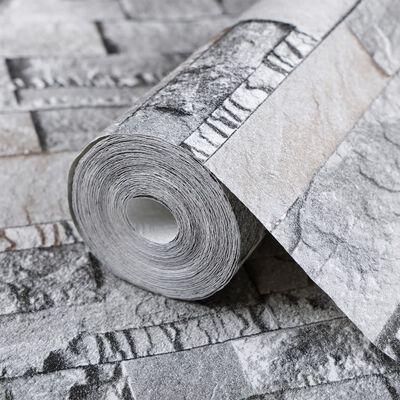 vidaXL Papel de parede 3D com aspeto de pedra cinzento e castanho