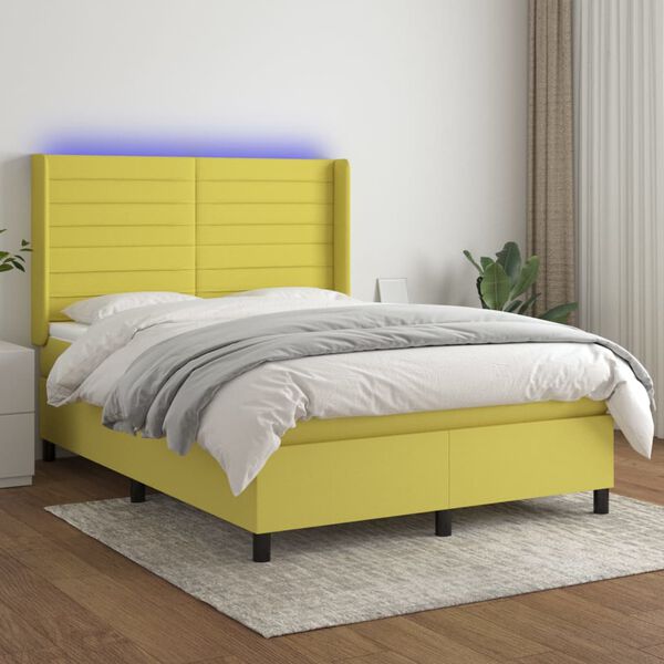 vidaXL Cama box spring c/ colch&atilde;o e LED 140x200 cm tecido verde