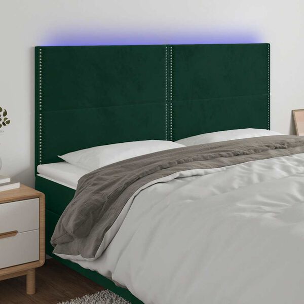 vidaXL Cabeceira de cama c/ LED veludo 200x5x118/128 cm verde-escuro