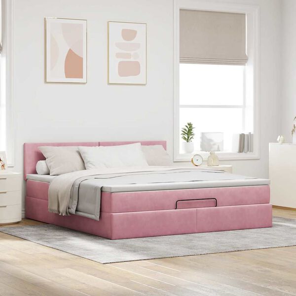 vidaXL Estrutura de cama otomana com colch&atilde;o 180x200 cm veludo rosa
