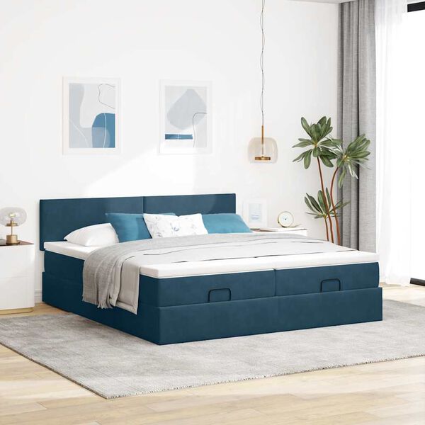 vidaXL Estrutura de cama otomana com colch&atilde;o azul escuro veludo