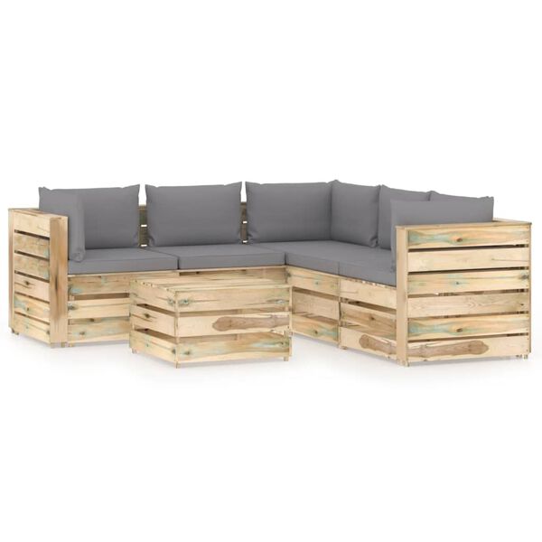 vidaXL 6 pcs conj. lounge jardim c/ almofad&otilde;es madeira impreg. verde