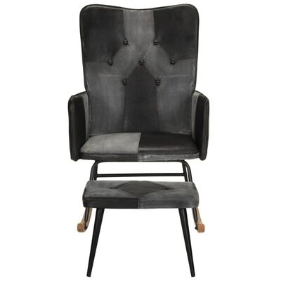 vidaXL Cadeira baloiço c/ apoio de pés couro genuíno e lona preto