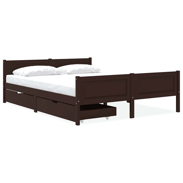 vidaXL Cama com 2 gavetas 140x200 cm pinho maci&ccedil;o castanho-escuro