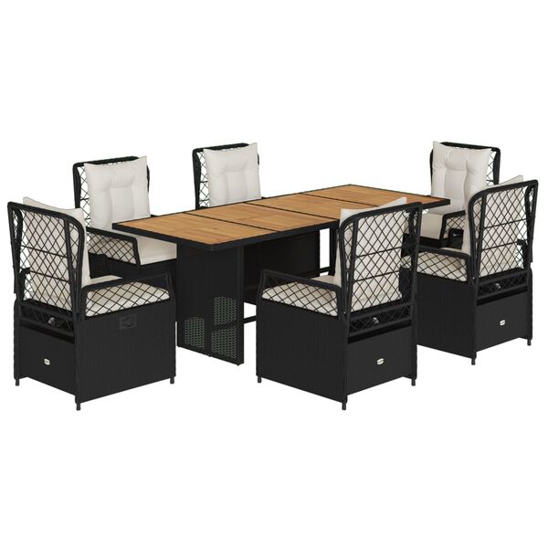 vidaXL 7 pcs conjunto de jantar p/ jardim c/ almofad&otilde;es vime PE preto