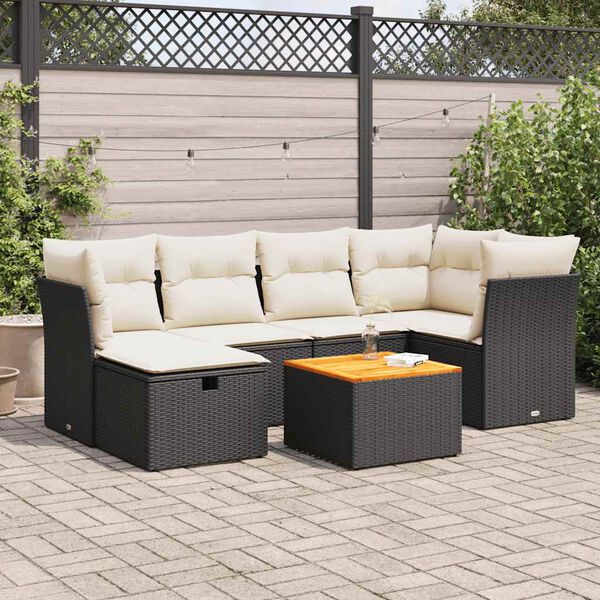 vidaXL 7 pcs conjunto de sof&aacute;s p/ jardim c/ almofad&otilde;es vime PE preto