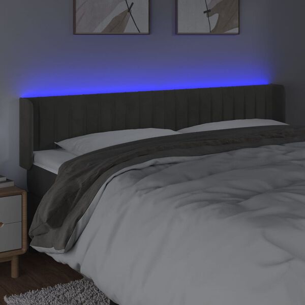 vidaXL Cabeceira cama c/ luzes LED veludo 163x16x78/88cm cinza-escuro