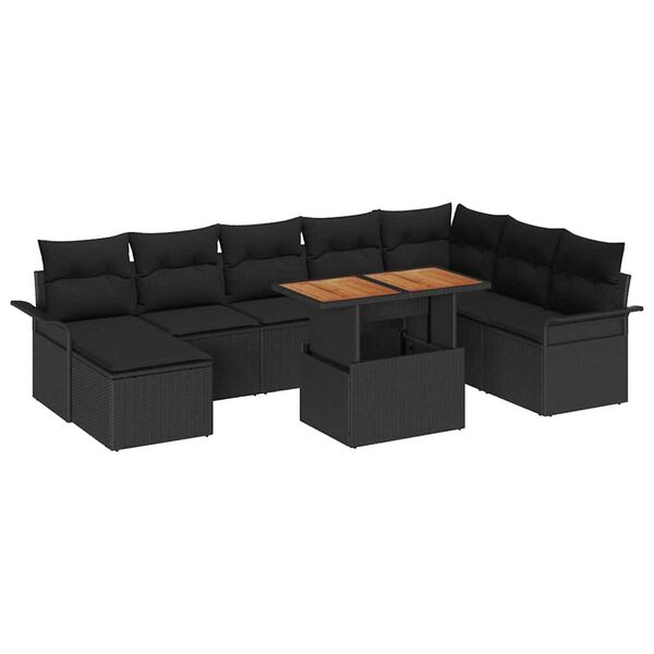 vidaXL Conjunto de Sof&aacute; de Jardim 9 pcs Preto Rattan Sint&eacute;tico