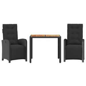 vidaXL 3 pcs conjunto de bistr&ocirc; com almofad&otilde;es vime PE preto