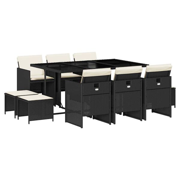 vidaXL 11 pcs conjunto de jantar p/ jardim c/ almofad&otilde;es vime PE preto