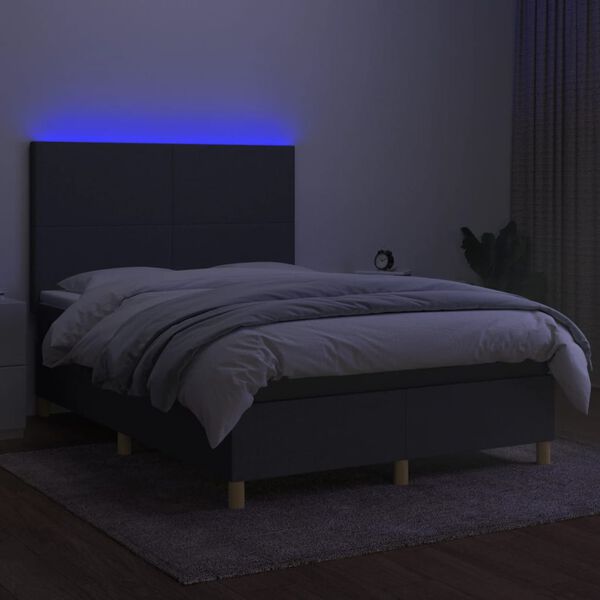 vidaXL Cama box spring c/ colch&atilde;o e LED 140x190 cm tecido cinza-escuro