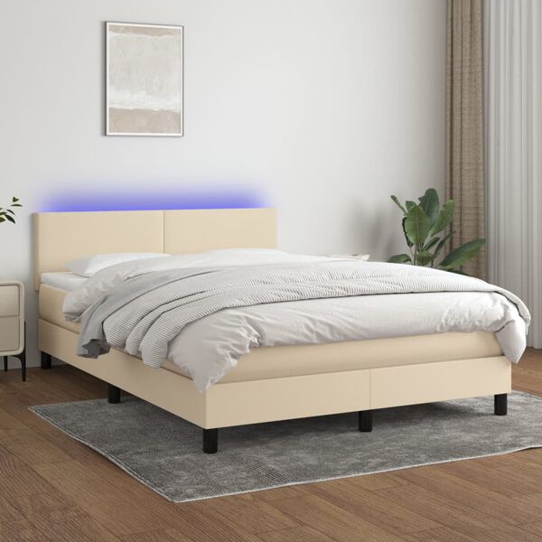 vidaXL Cama box spring c/ colchão e LED 140x200 cm tecido cor creme