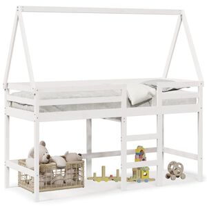 vidaXL Cama alta c/ escada e telhado 90x190 cm pinho maci&ccedil;o branco