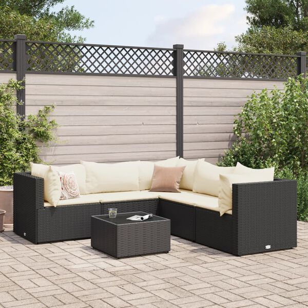 vidaXL 6 pcs conjunto lounge de jardim c/ almofadões vime PE preto