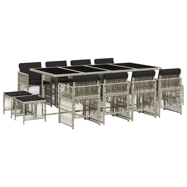 vidaXL 13 pcs conj. jantar jardim c/ almofad&otilde;es vime PE cinzento-claro