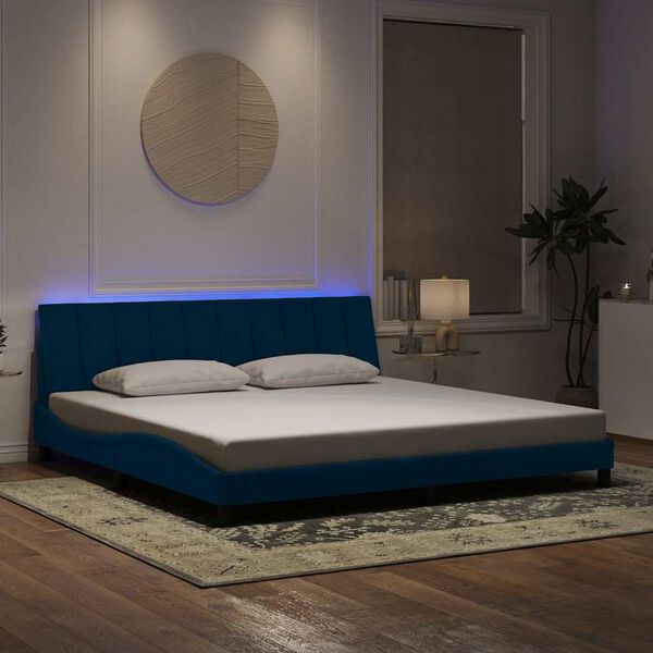 vidaXL Estrutura de cama com LED sem colch&atilde;o Hanko 200x200 cm veludo azul