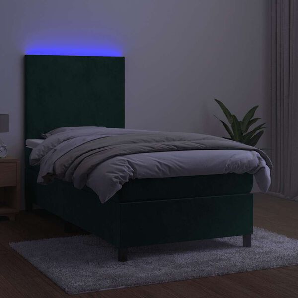 vidaXL Cama box spring c/ colch&atilde;o/LED 90x190 cm veludo verde-escuro