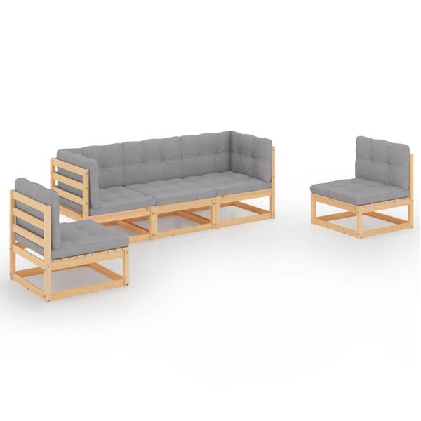 vidaXL 5 pcs conjunto lounge de jardim c/ almofad&otilde;es pinho maci&ccedil;o