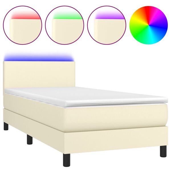 vidaXL Cama box spring c/ colch&atilde;o/LED 90x200 cm couro artificial creme