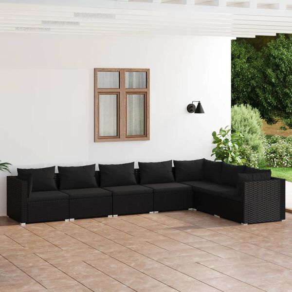 vidaXL 7 pcs conjunto lounge de jardim c/ almofad&otilde;es vime PE preto