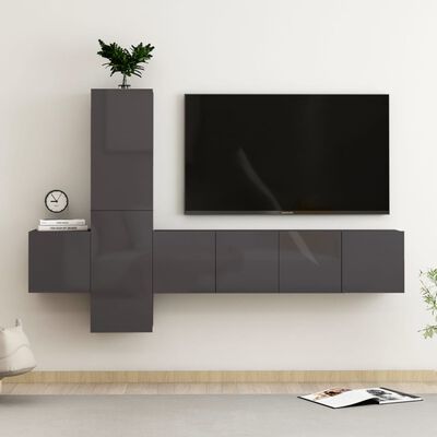 vidaXL 5 pcs conjunto de móveis de TV contraplacado cinzento brilhante