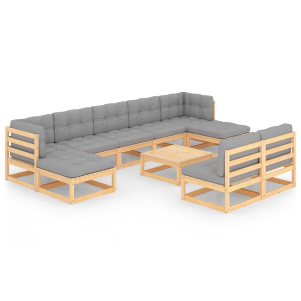 vidaXL 10 pcs conjunto lounge de jardim c/ almofad&otilde;es pinho maci&ccedil;o