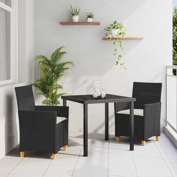 vidaXL Conjunto de Jantar para Jardim 3 pcs Preto vime PE