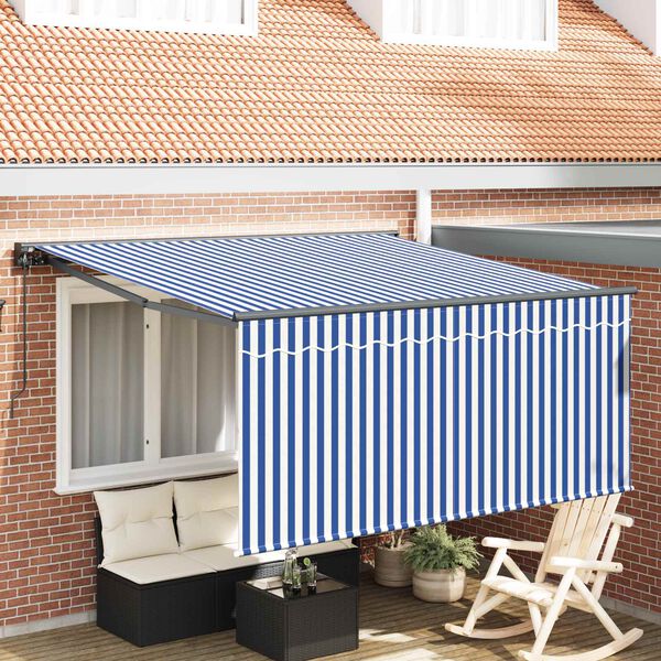 vidaXL Toldo Retr&aacute;til Azul e Branco 350 x 250 cm Poli&eacute;ster e Alum&iacute;nio