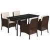 vidaXL 5 pcs conjunto jantar p/ jardim c/ almofad&otilde;es vime PE castanho